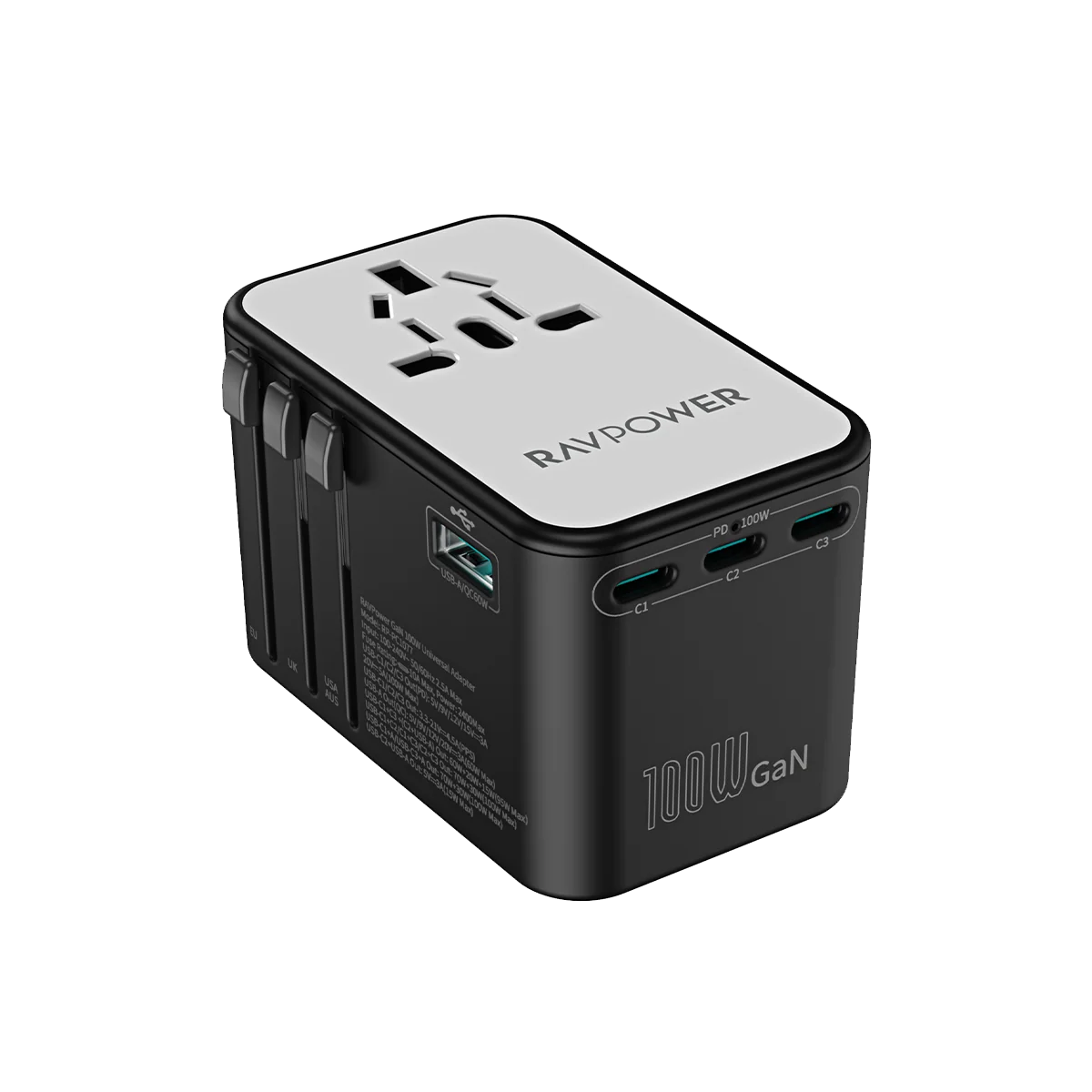 Bộ chuyển đổi du lịch đa năng RAVPower RP-PC1077 GaN 100W 5 trong 1 - Đen