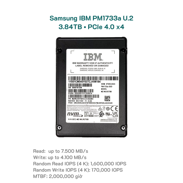 Ổ cứng Enterprise 3.84TB Samsung IBM PM1733a U.2 NVMe PCIe 4.0 x4
