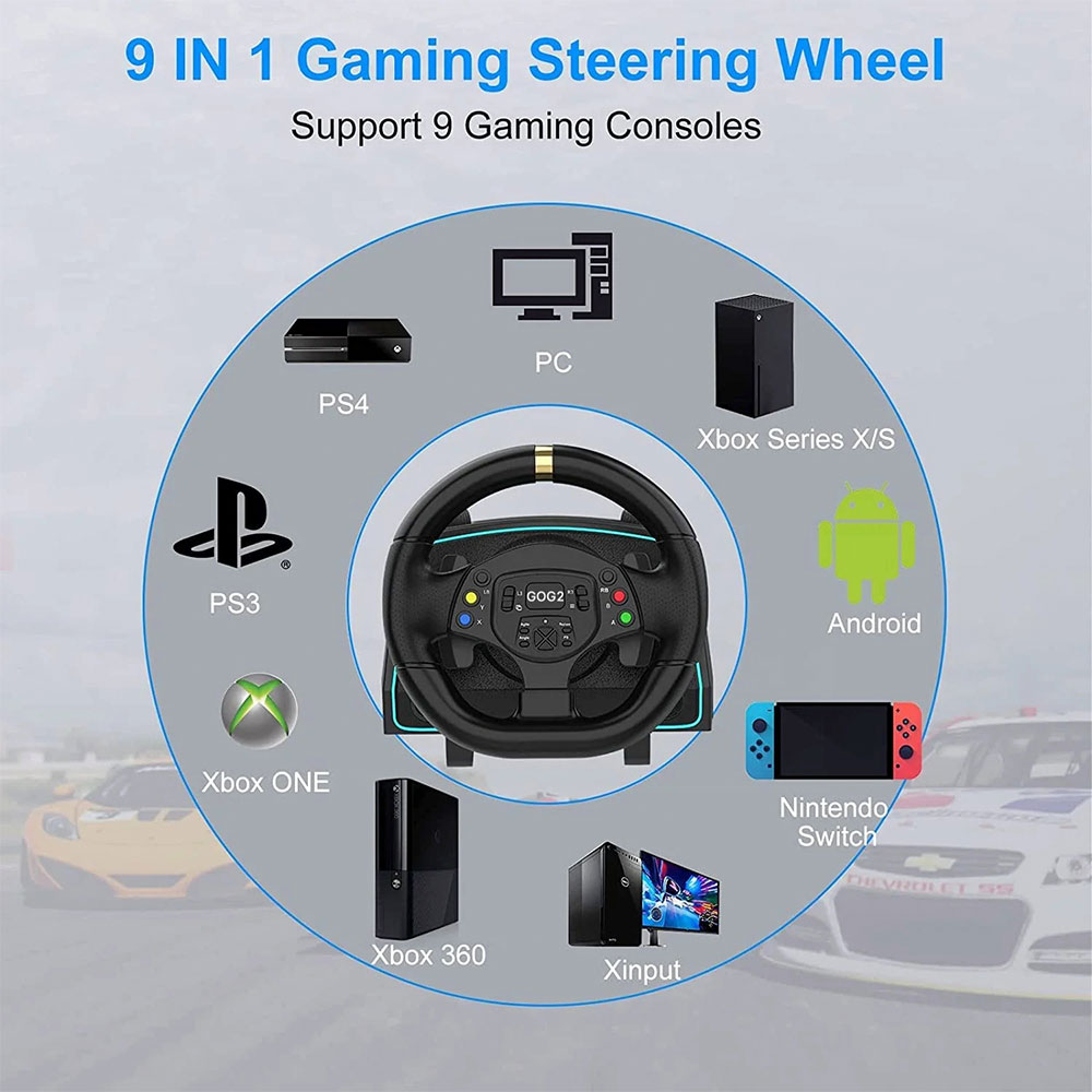 Ảnh minh họa Vô lăng chơi game GOG R808 LED Racing Wheel - Số sàn,cần số rời,pedal kim loại+côn,quay 270-1080 độ,PC,Playstation,Switch,Xbox 2