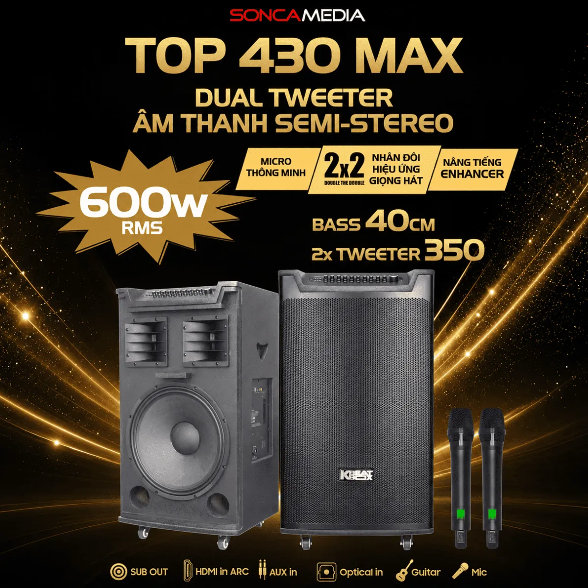 Ảnh minh họa Loa kéo Acnos TOP 430 MAX (New 2026, Bass 40, 600W/2200W, Kèm 2 tay micro) 1
