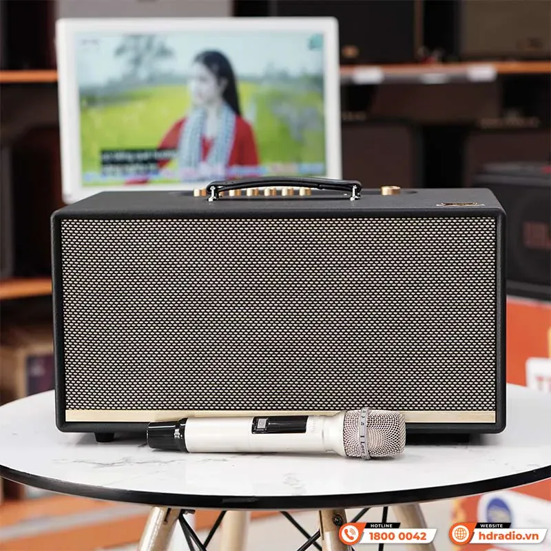 Ảnh minh họa Loa Arirang Bravo 8, Bass 16.5cm, 200W, Bluetooth 5.0, Optical, HDMI ARC, AUX, USB, Pin 6000mAh, Đi kèm 2 mic không dây 2