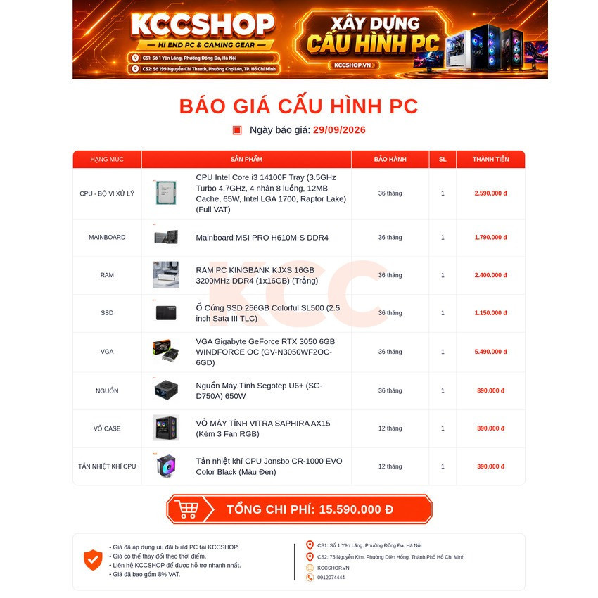 Ảnh minh họa PC KCC Intel I3-14100F / VGA RTX 3050 1