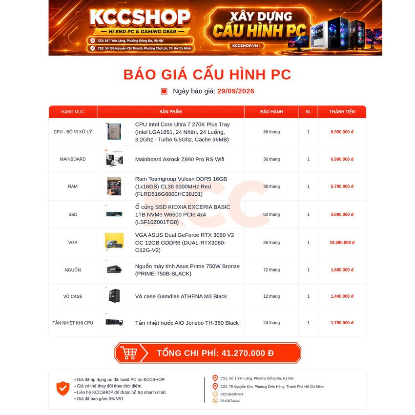 Ảnh minh họa PC KCC Intel U7-270K Plus / VGA RTX 3060 1