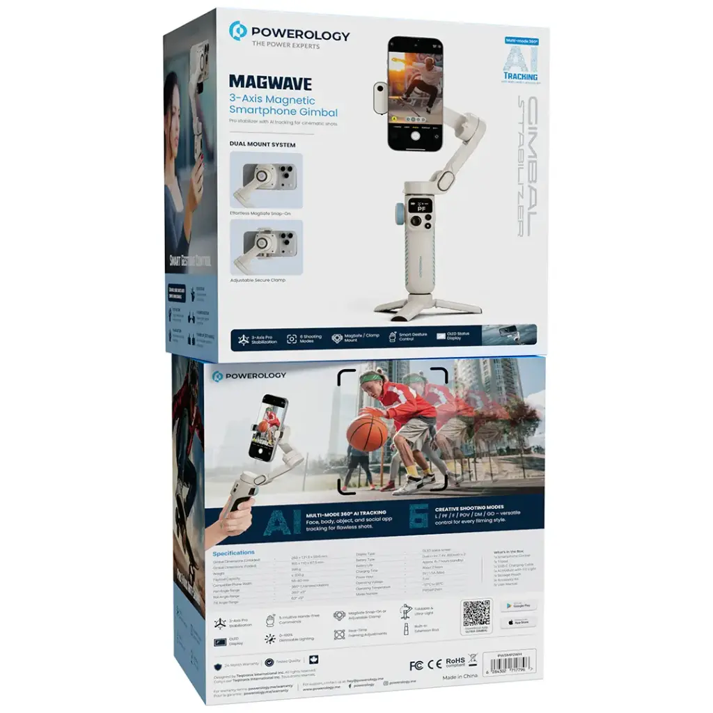 Powerology Magwave 3-Axis Gimbal chống rung điện thoại từ tính - White