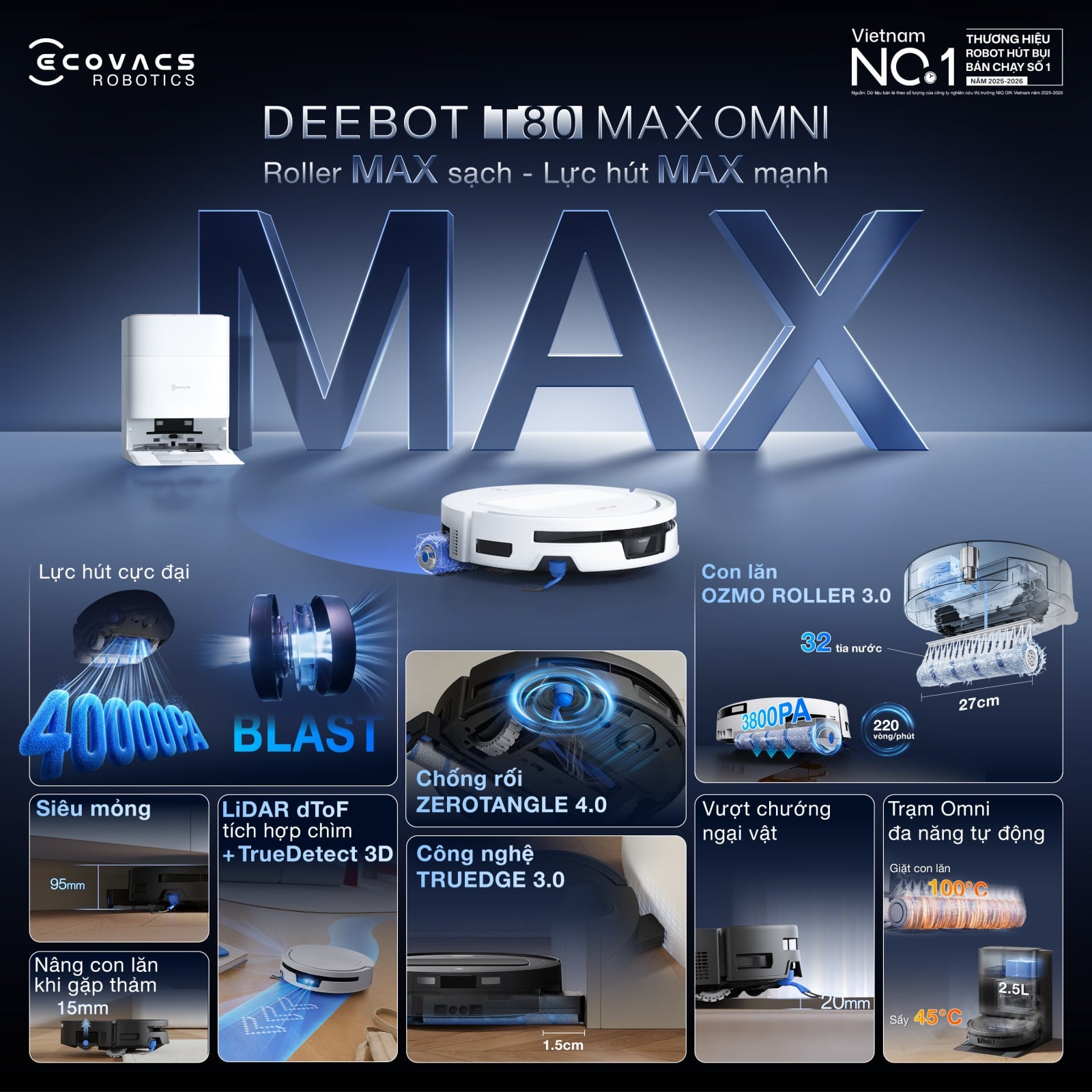 Ảnh minh họa Robot hút bụi Ecovacs Deebot T80 Max Omni | Lực hút 40.000 Pa 1