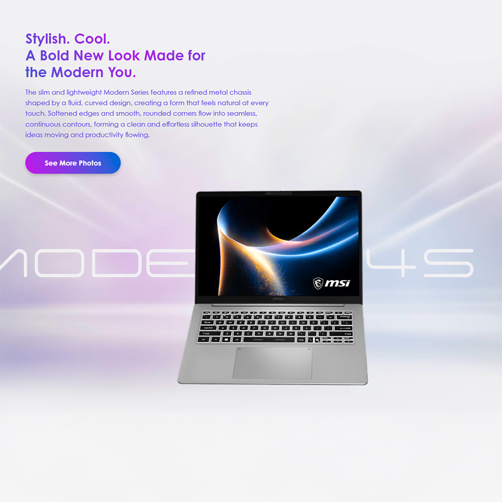 Ảnh minh họa Laptop MSI Modern 14S AI+ G3MG-050VN (Ultra 7 355, Intel Graphics, RAM 16GB DDR5, SSD 1TB, 14 Inch OLED FHD+ 60Hz 100% DCI-P3, Win 11 Home) 1