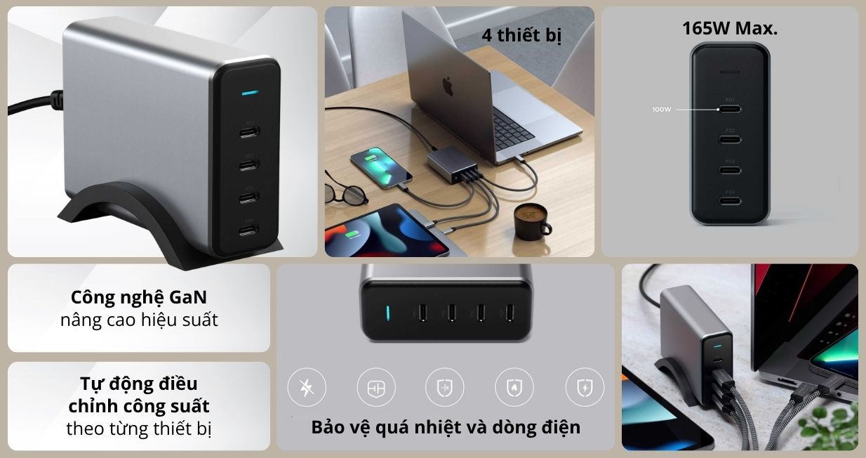 Sạc satechi PD 4 cổng USB-C 165W chân sạc EU