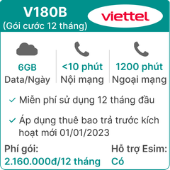  Sim Viettel V180B 6GB/Ngày - Free 12 tháng 