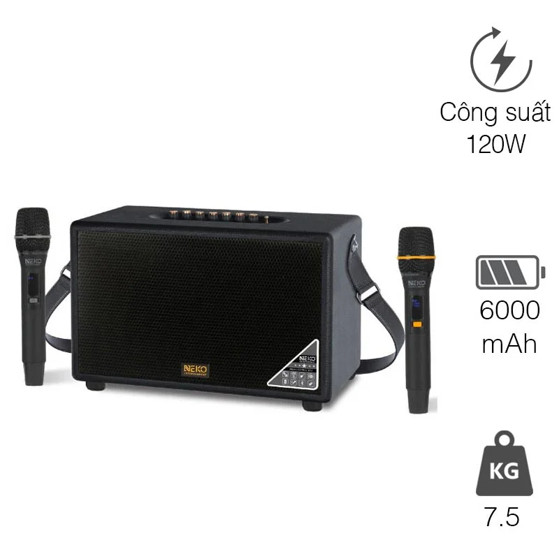 Loa Neko NK900, 120W, Bass 10cm, Bluetooth 5.0, Kèm 2 Micro (có sẵn pin cho mic và có thể sạc lại)