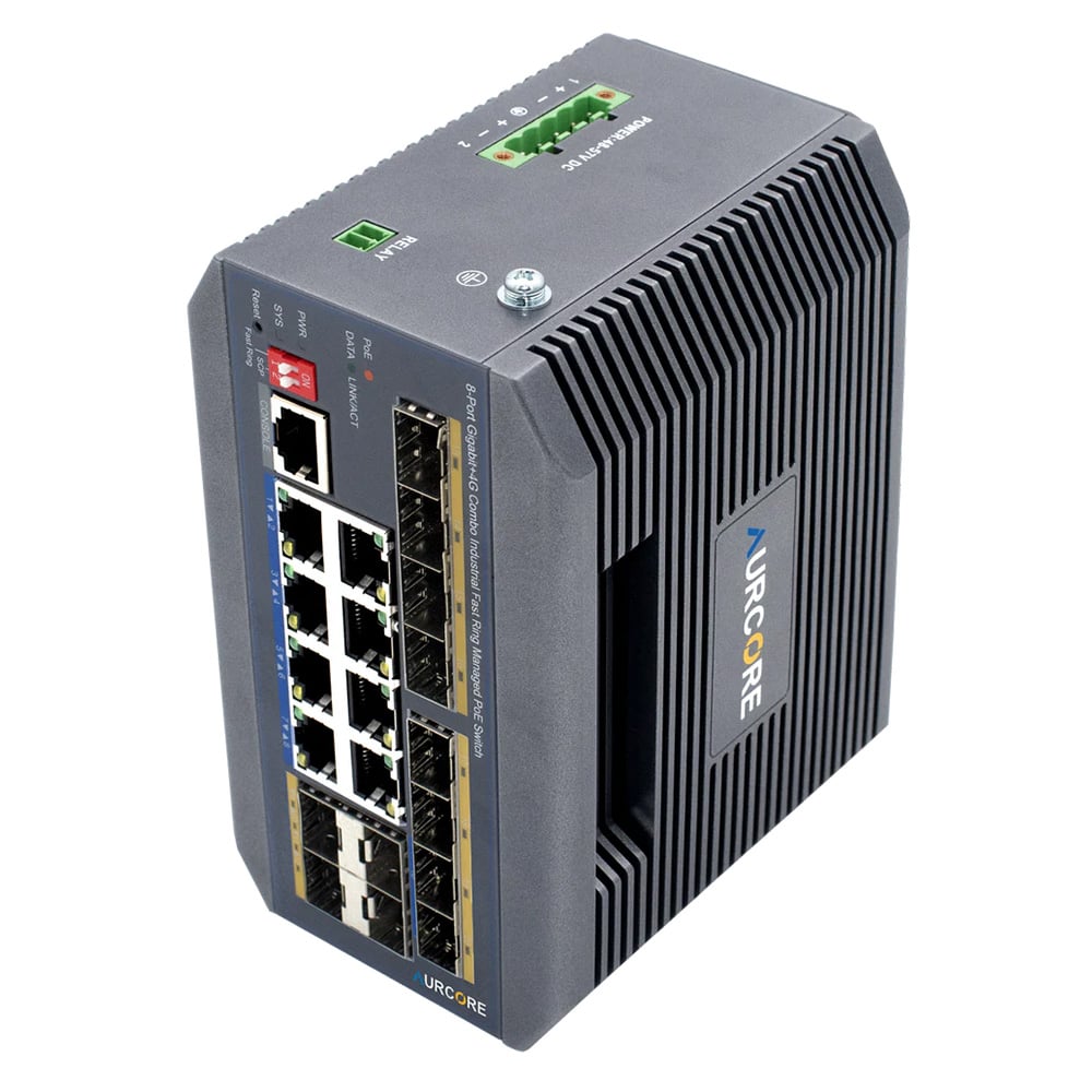 Ảnh minh họa Switch công nghiệp AurCore AIS2004P L2+ 8GE | 12GE SFP | PoE/PoE+ 2