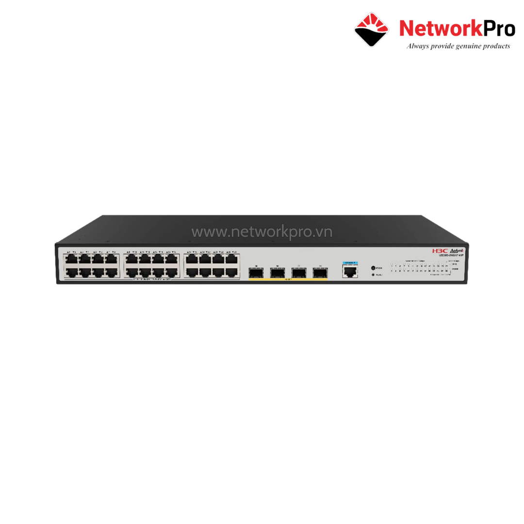 Switch H3C US300-24G4F-HP – 28 Cổng Web Managed (24GE PoE+ + 4 SFP), 370W