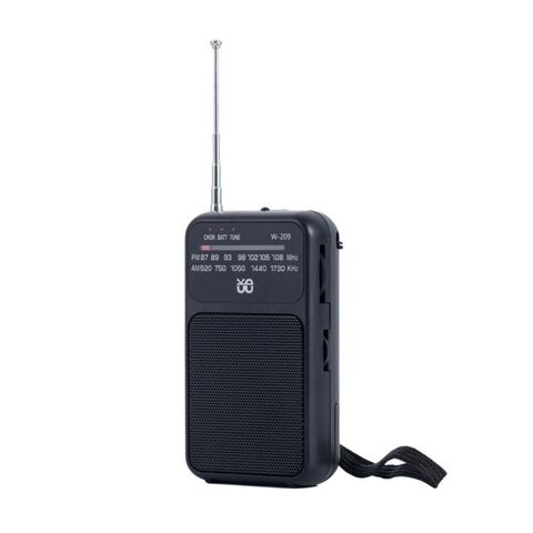 Đài FM cầm tay mini W-209 Đen – Radio băng tần kép, sạc lại, có đèn pin