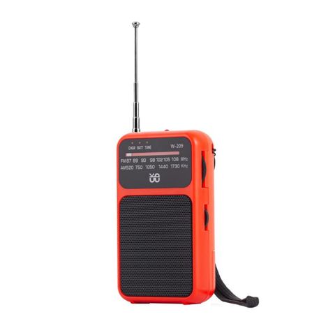 Đài FM cầm tay mini W-209 Cam – Radio băng tần kép, sạc lại, có đèn pin