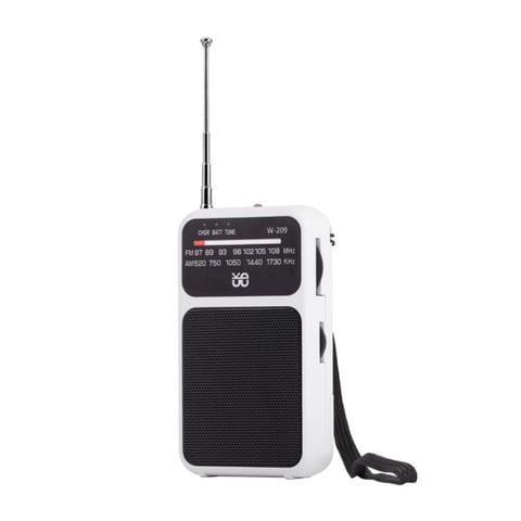 Đài FM cầm tay mini W-209 Trắng – Radio băng tần kép, sạc lại, có đèn pin
