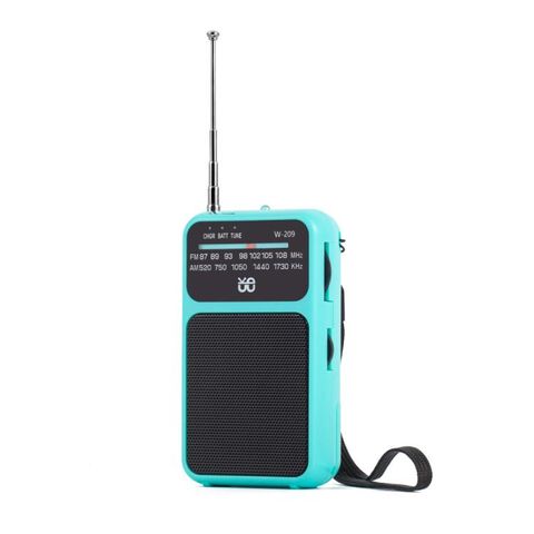 Đài FM cầm tay mini W-209 Xanh – Radio băng tần kép, sạc lại, có đèn pin