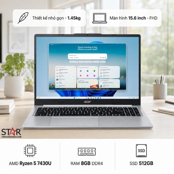 Ảnh minh họa Laptop Acer Aspire Lite AL15-49P-R6XX | R5-7430U, 8GB DDR4, SSD 512GB NVMe, 15.6" FHD, W11SL, Bạc 1