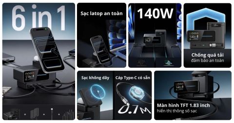 Trạm sạc Cuktech 15 6 in 1 màn hình Ultra GaN 140W TA1406U