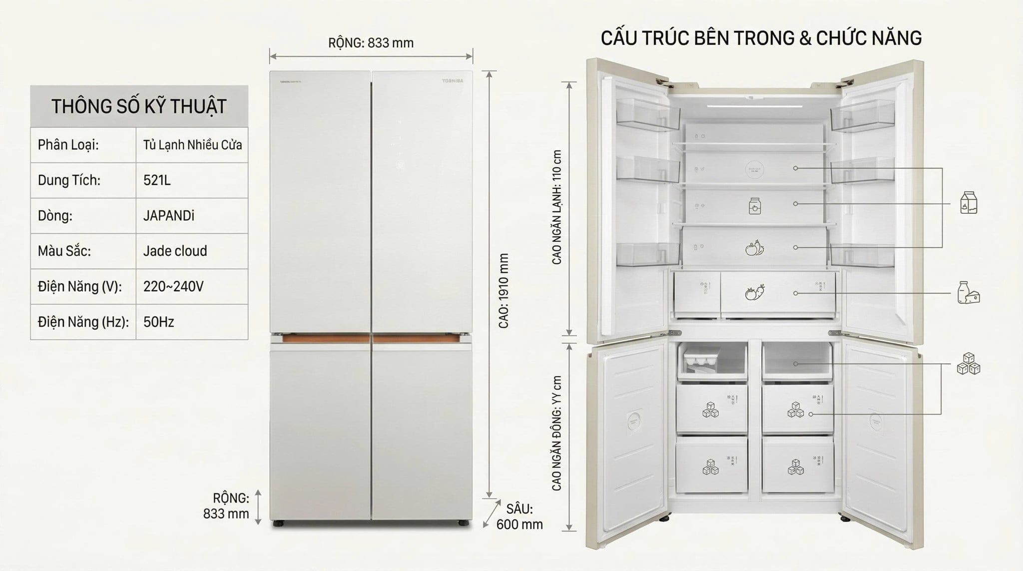 Ảnh minh họa Tủ Lạnh Âm Tường Toshiba JAPANDi KUMO 521L GR-RF681WI-PGV(D4) 3