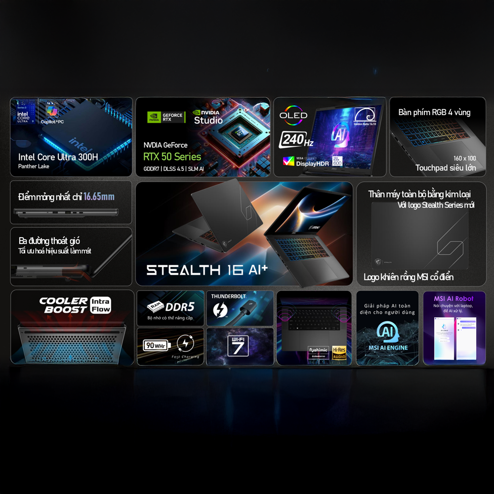 Ảnh minh họa Laptop MSI Stealth 16 AI+ B3WF-007VN (Ultra 9 386H, RTX 5060 8GB, RAM 32GB DDR5, SSD 1TB, 16 Inch QHD+ OLED 240Hz, Win 11 Home) 2