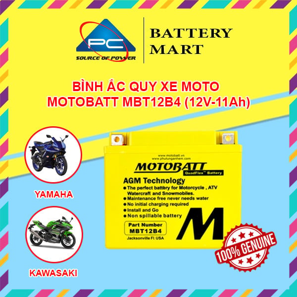 Ảnh minh họa Ắc quy xe moto phân khối lớn MOTOBATT MBT12B4 12V - 11AH, thương hiệu của Mỹ, dùng cho xe DUCATI, KAWASAKI, YAMAHA, TRIUMPH 1