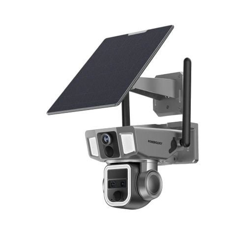 Camera an ninh ngoài trời Powerology 4G/Wi-Fi 360° hai ống kính kèm
