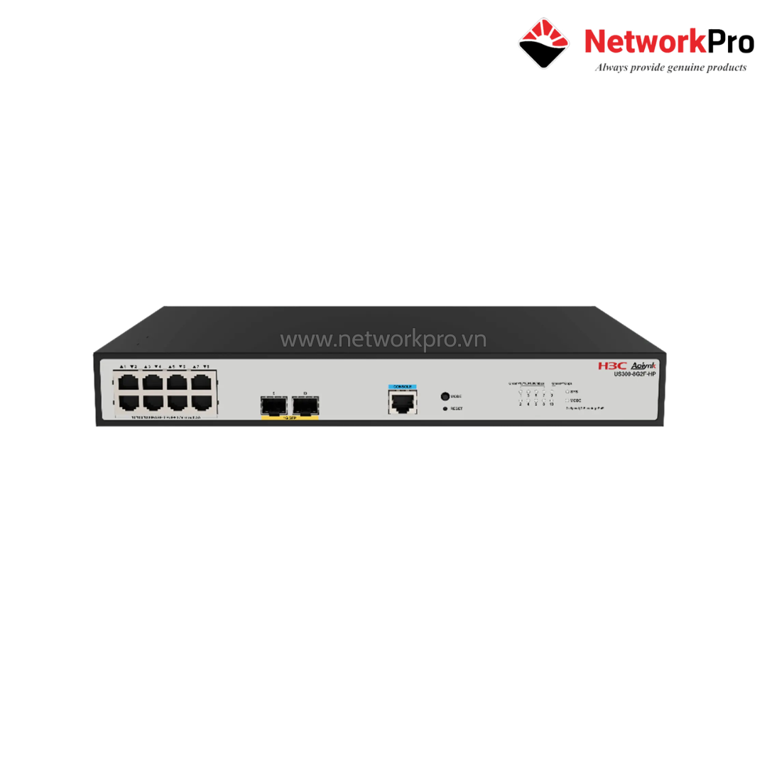Switch H3C US300-8G2F-HP – 10 Cổng Web Managed (8GE PoE+ + 2 SFP), 125W Fanless