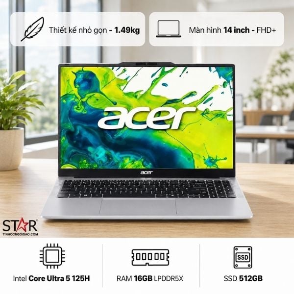 Ảnh minh họa Laptop ACER Aspire Go 14 AI AG14-I71M-50AL (NX.W25SV.001) | U5-125H, 16GB LPDDR5X, SSD 512GB NVMe, 14" FHD+ IPS , W11SL, Xám 1