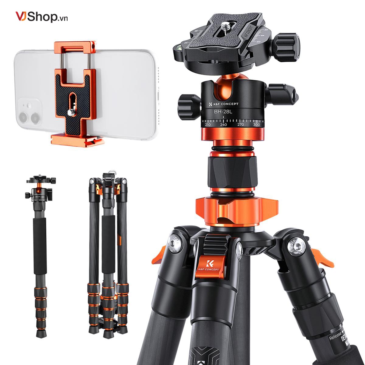 Chân máy ảnh K&F Carbon Fiber Tripod 1.7m D255C4+BH-28L - KF09.093V2 | Chính hãng