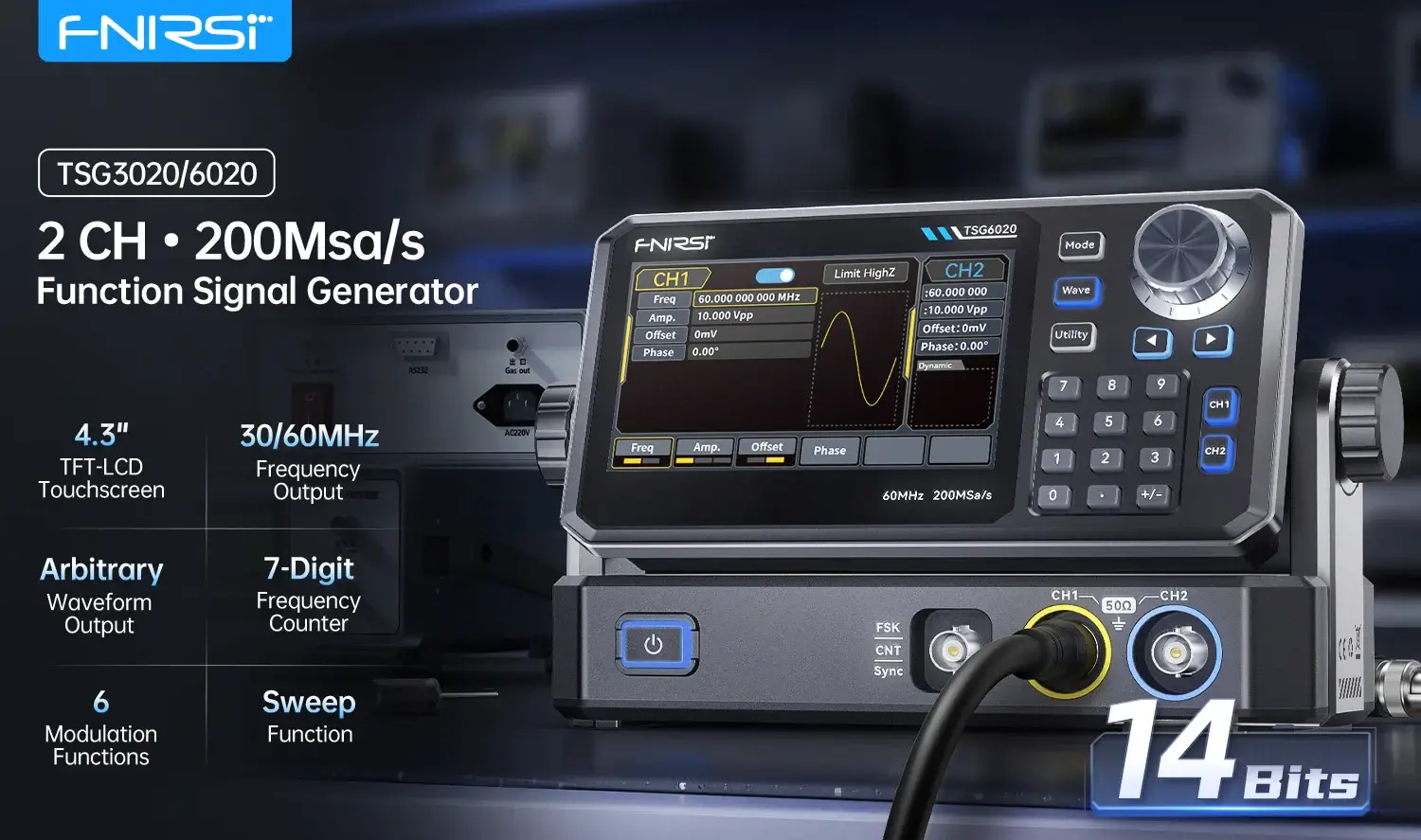 Ảnh minh họa Máy tạo tín hiệu FNIRSI® TSG6020 2CH 200MSa/s Function Signal Generator 2