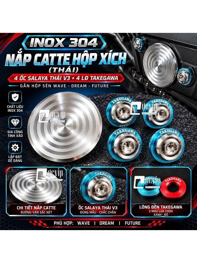 [Inox 304] Nắp Catte (Thái), 4 Ốc Salaya [THÁI V3], 4 Lông Đền TAKEGAWA Gắn Hộp Sên Wave Dream Future