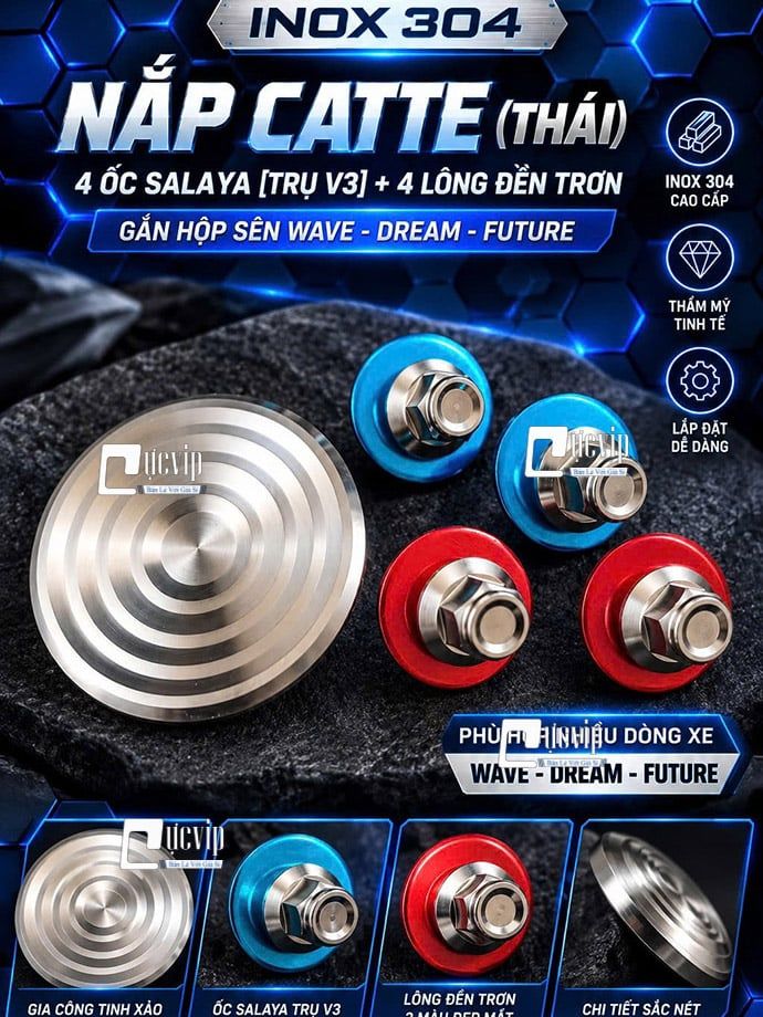 [INOX 304] Nắp Catte Hộp Sên (Thái), 4 Ốc [TRỤ THÁI V3], 4 Lông Đền TRƠN Gắn Hộp Xích Wave Dream Future