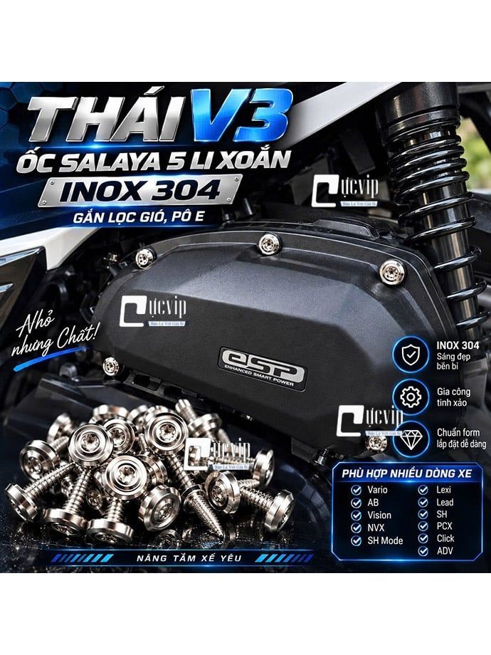 [CTS Mẫu V3] Ốc Salaya 5 Li Xoắn INOX 304 Gắn Lọc Gió, Pô E Vario, AB, Nouvo, Vision, NVX, SH Mode, Lexi, Lead, SH, PCX, Click, ADV