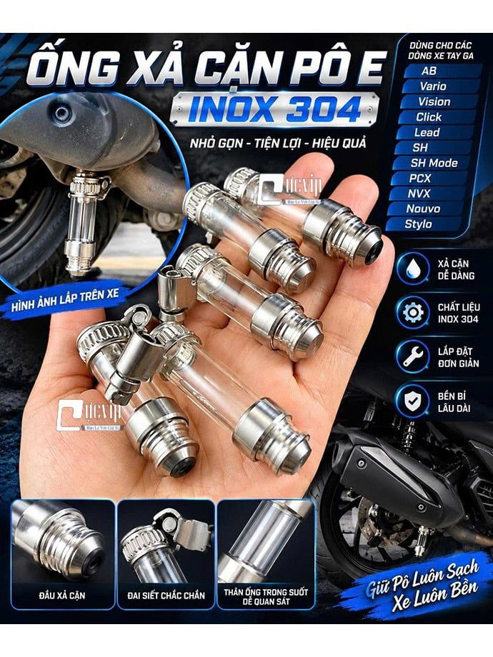 Ống Xả Cặn Pô E INOX 304 AB, Vario, Vision, Click, Lead, SH, SH Mode, PCX, NVX, Nouvo, Stylo MS7024