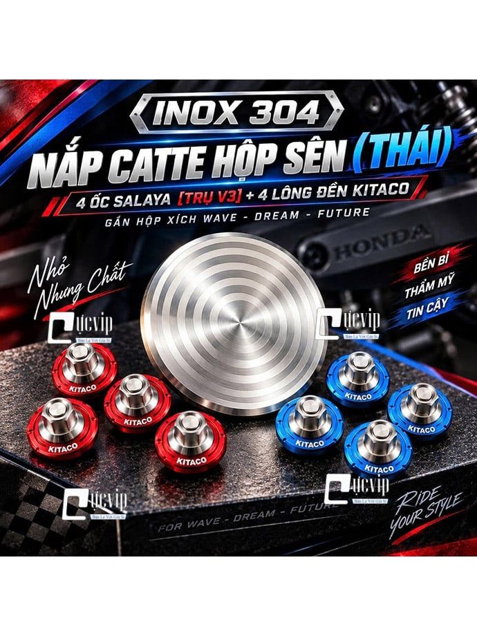 [Inox 304] Nắp Catte (Thái), 4 Ốc Salaya [TRỤ THÁI V3], 4 Lông Đền KITACO Gắn Hộp Sên Wave Dream Future