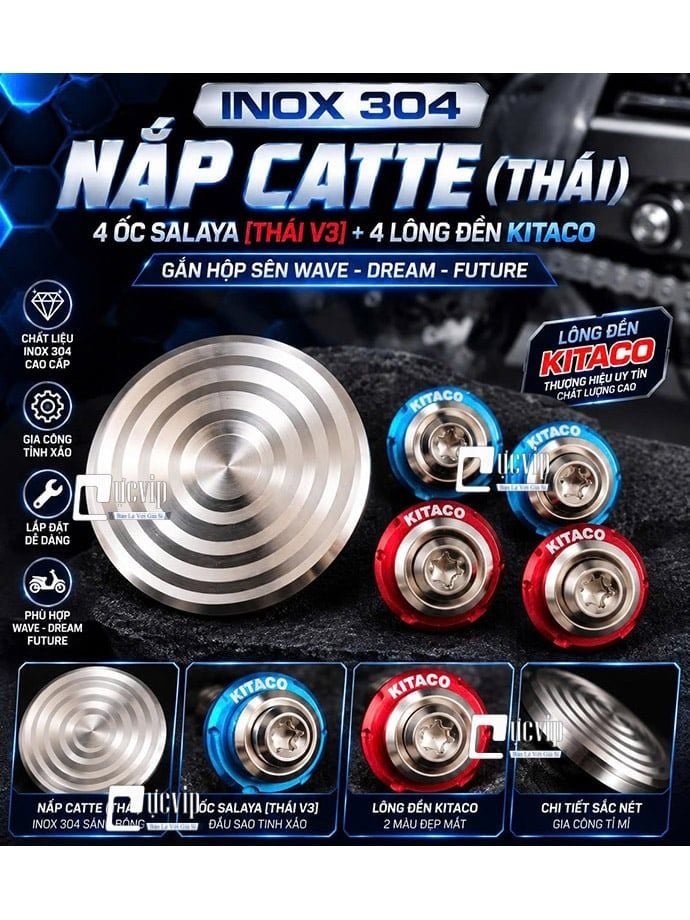 [Inox 304] Nắp Catte (Thái), 4 Ốc Salaya [THÁI V3], 4 Lông Đền KITACO Gắn Hộp Sên Wave Dream Future