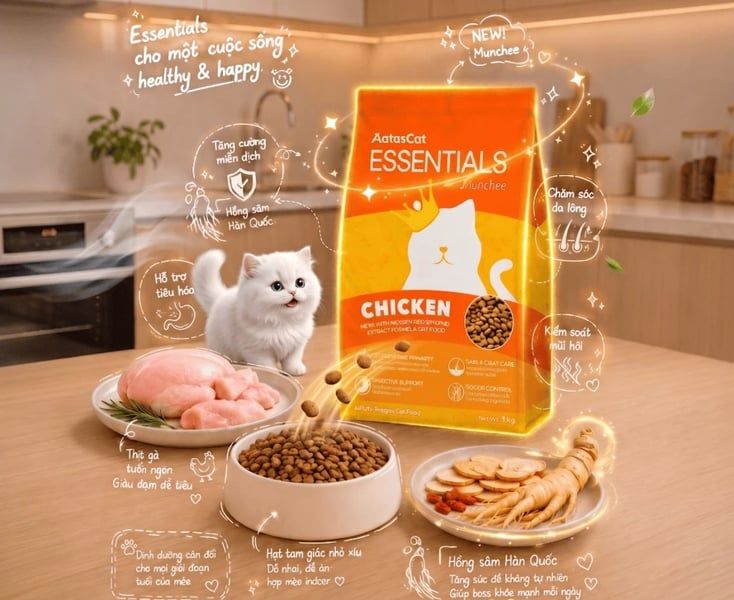 Hạt thức ăn cho mèo mọi lứa tuổi vị gà nhân sâm Aatas Cat Esentials Munchee AAT3109