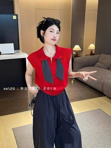  A670-Áo Len Lụa Cổ Polo Phối Khăn 