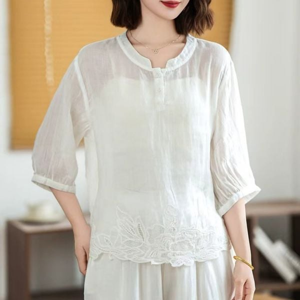  A689-Áo Ramie Thêu Thanh Lịch Cổ Điển 