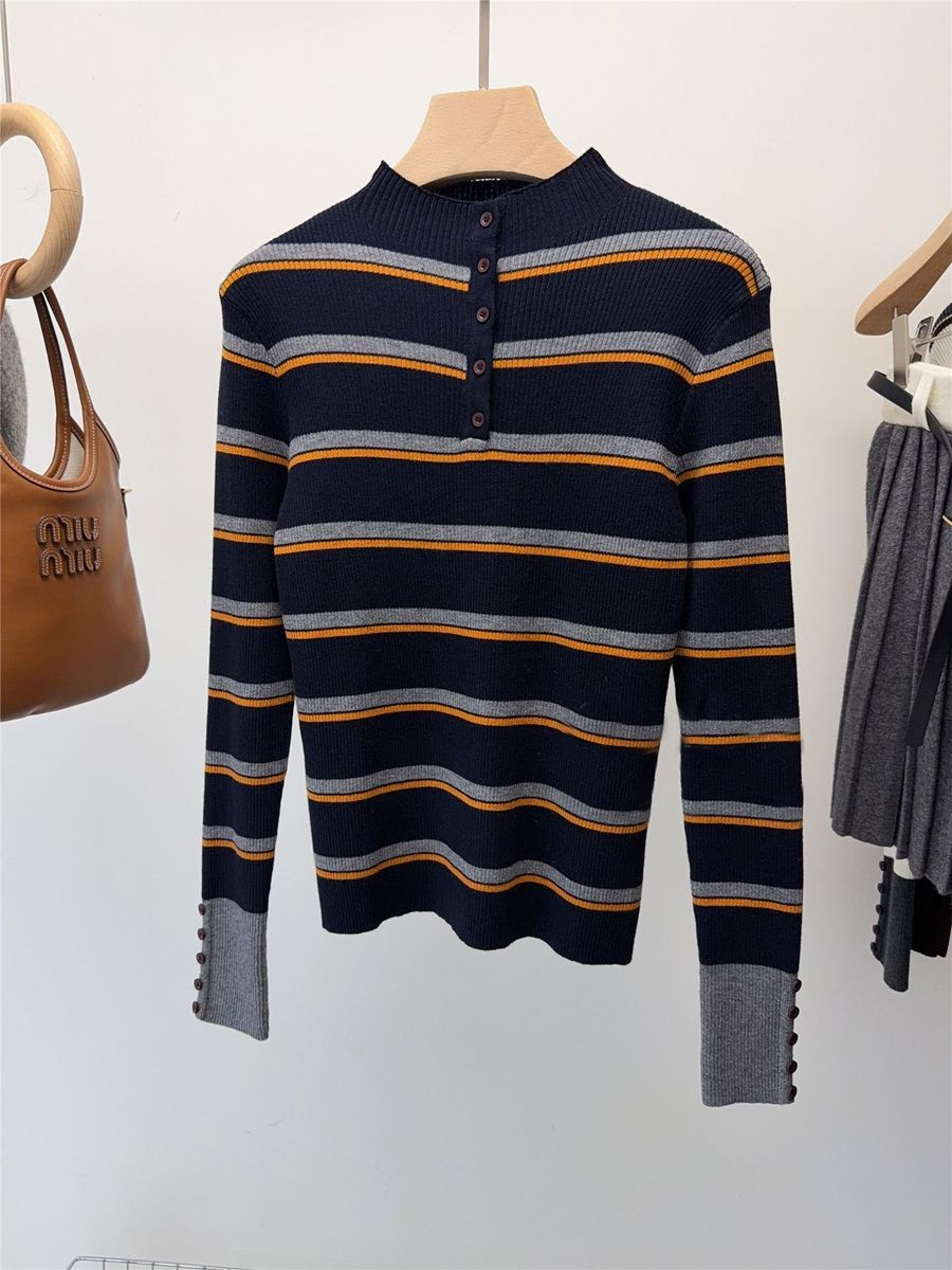  A746-Áo Len Dệt Kim Cổ Đứng Kẻ Sọc Dài Tay Hàn Quốc 