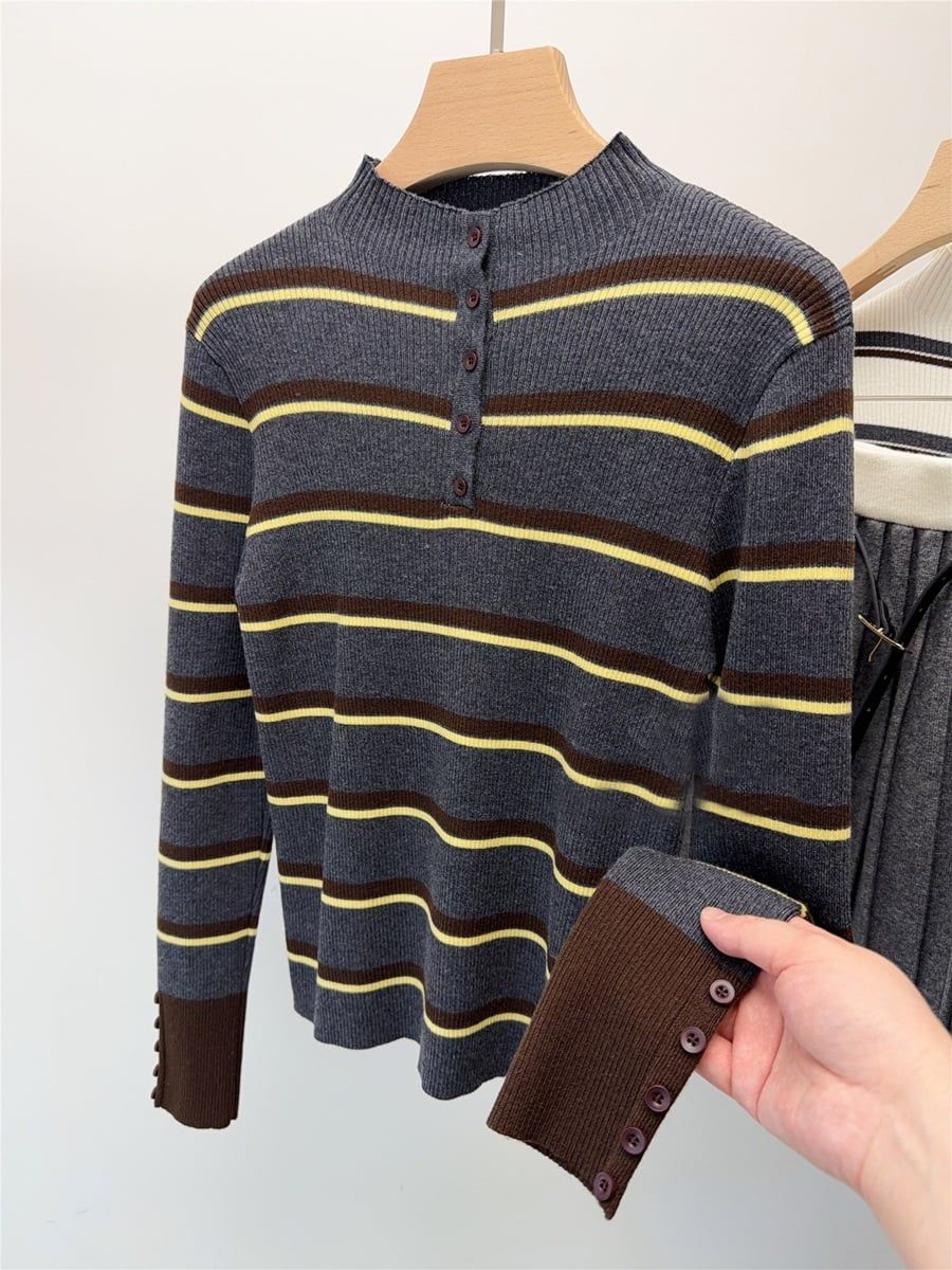  A746-Áo Len Dệt Kim Cổ Đứng Kẻ Sọc Dài Tay Hàn Quốc 