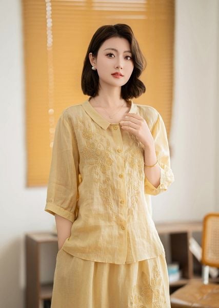  A679-Áo Ramie Thêu Hoa Đối Xứng Nghệ Thuật Thanh Lịch Cổ Điển 