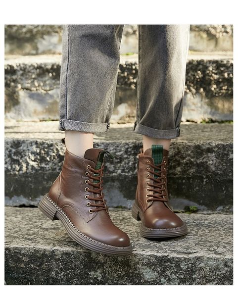  G193-Giày Boot Martin Nữ Da Thật Cột Dây Cổ Điển 