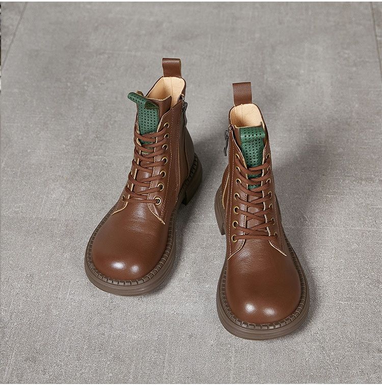  G193-Giày Boot Martin Nữ Da Thật Cột Dây Cổ Điển 