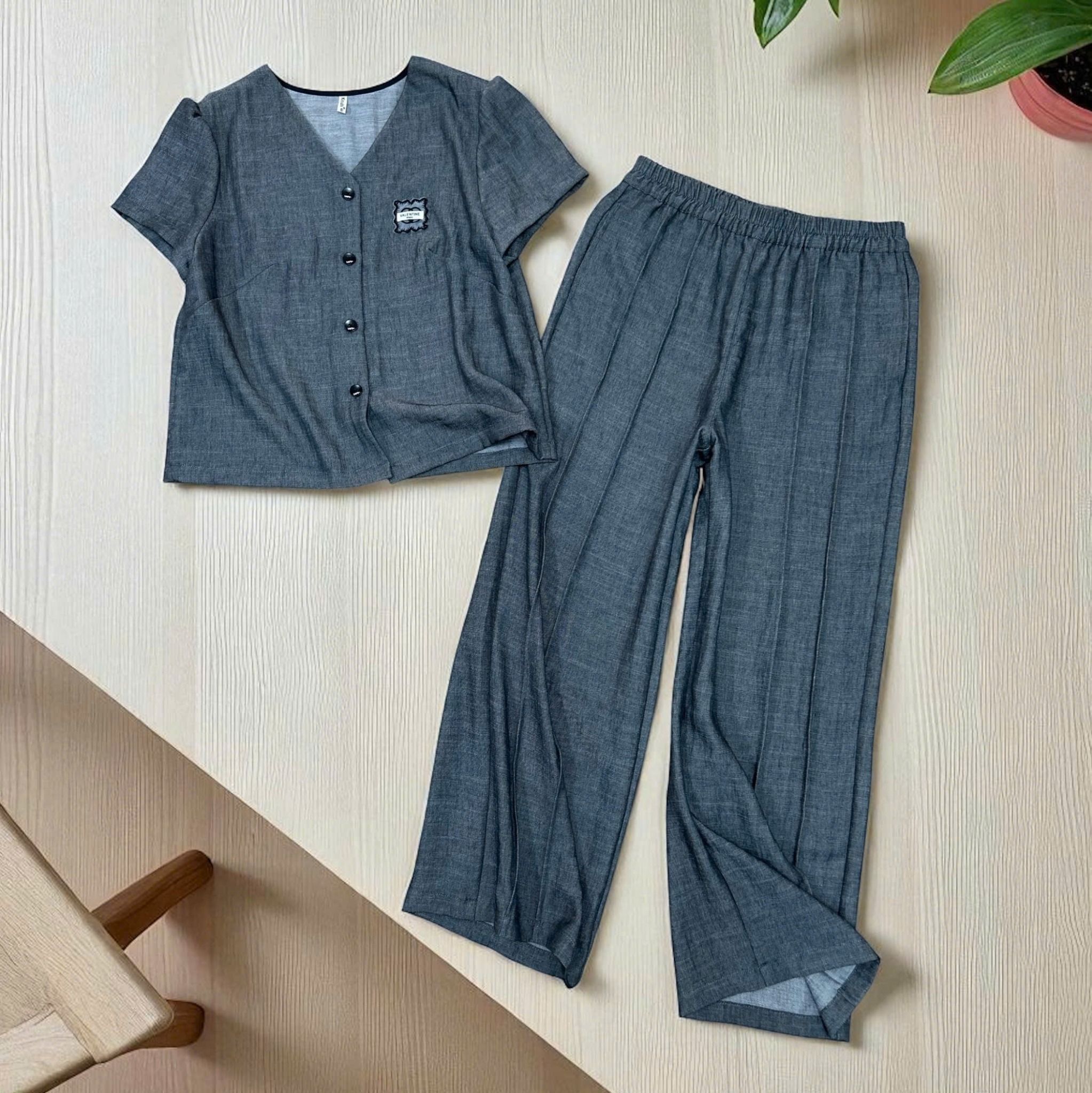  A703-Áo Demin Lụa Cổ Tim 