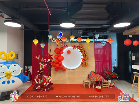 Gói trang trí backdrop trung thu kích thước 4mx2,4m cao cấp mành tre vầng trăng rằm đèn led đèn