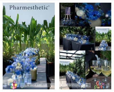 Combo 30 bình hoa tươi mini trang trí bàn tiệc dài tone xanh dương navy sang trọng nến cốc thủy tinh sự kiện doanh nghiệp 