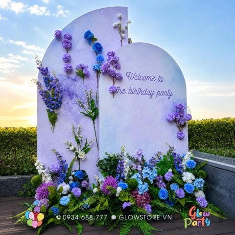 Gói tiểu cảnh welcome stand cụm phông vòm 3D loang màu pastel cắm hoa lụa trang trí tiệc sinh nhật ngoài trời