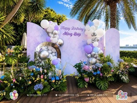 tone pastel tím, Trang trí trọn gói Background mẫu 590 - Trang trí kèm hoa tươi sinh nhật người lớn