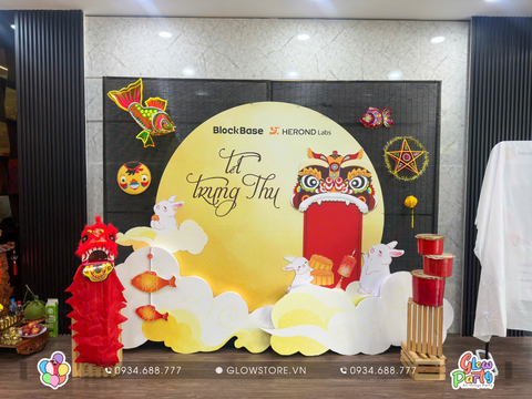 Gói trang trí backdrop trung thu dân gian mành tre vầng trăng rằm lồng đèn cá chép đầu lân đỏ và tháp trống