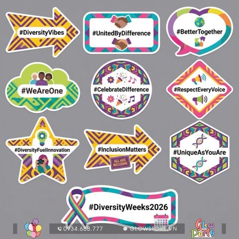 Mẫu hashtag cầm tay sự kiện Diversity Hashtag in slogan chất liệu formex cán mờ chống lóa nhiều kiểu dáng màu sắc rực rỡ